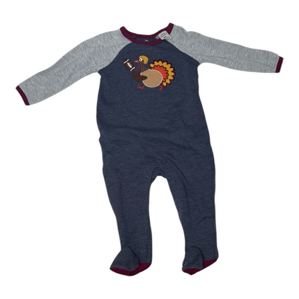 Baby Essentials Gray and Blue Kids One Piece‎ with Turkey Design. Size 9 Months.